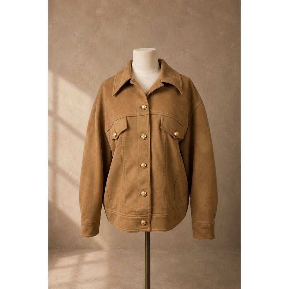 Maeve Sz L Faux Suede Trucker Jacket Camel Brown Anthropologie